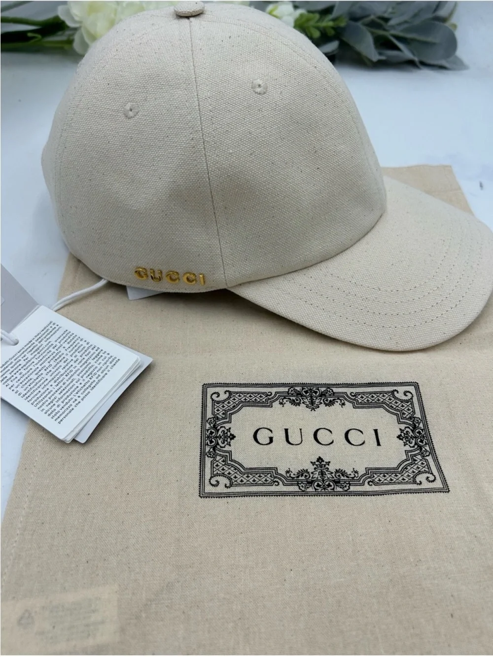 Unisex, Gucci, gold logo, cream canvas, baseball cap size XL made in Italy